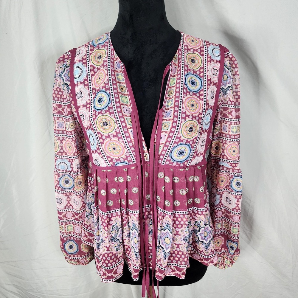 Vtg Y2K BLUE RAIN Size Medium Francesca's Mandala Print Pleated Chiffon‎ Blouse